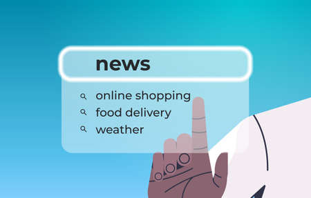 human hand choosing news in search bar on virtual screen internet networking concept horizontal