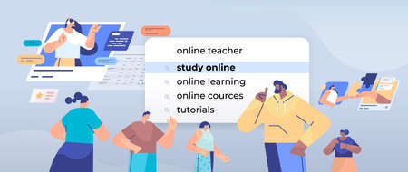 mix race people choosing study online in search bar on virtual screen internet networking conceptのイラスト素材