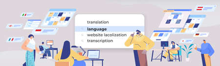 mix race people choosing language in search bar on virtual screen transcription internet networking conceptのイラスト素材