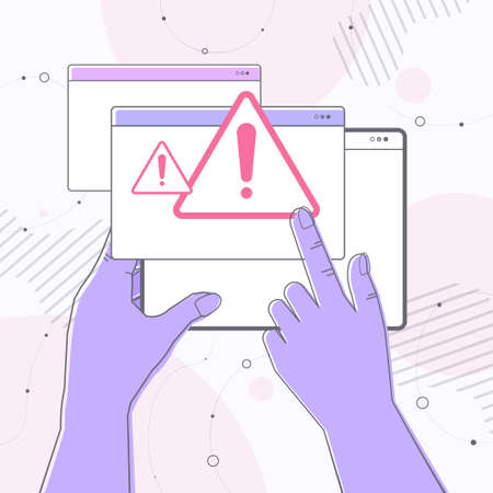 hands reacting to danger exclamation marks problem cyber attack hacking warning signal scam alert conceptのイラスト素材