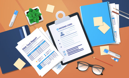 clipboards documents folders with genetic DNA tests and reports clinic medical treatment research and testingのイラスト素材