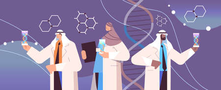 arab scientists working with DNA in test tubes researchers team making experiments in lab DNA testing genetic engineering diagnosis concept horizontal portrait vector illustrationのイラスト素材