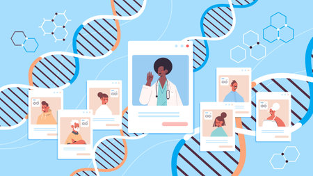african american doctor consulting patients in web browser windows DNA testing genetic engineering...