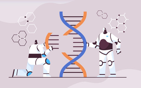 robotic scientists working with DNA robots researchers making experiment in lab DNA testing genetic diagnosisのイラスト素材