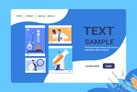 mix race researchers working with test tubes in web browser windows scientists making chemical experimentsのイラスト素材