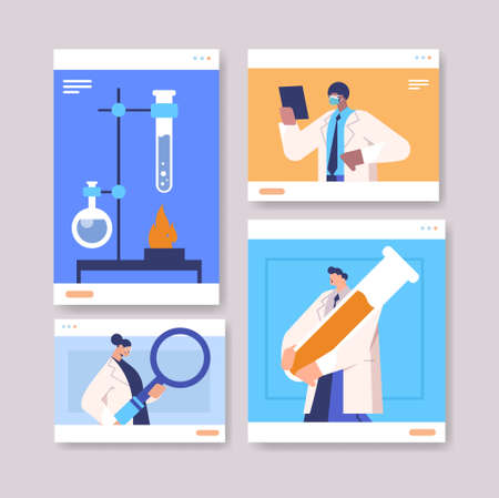 mix race researchers working with test tubes scientists making chemical experiments in laboratoryのイラスト素材