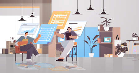 businesspeople team analyzing statistic data on virtual boards successful teamwork concept office interiorのイラスト素材