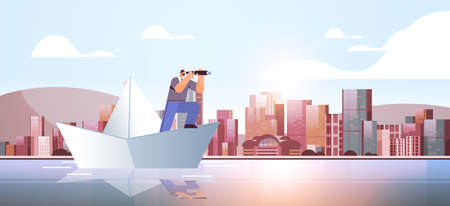 businessman with binoculars floating on paper boat looking for successful future leadership startup strategy planningのイラスト素材