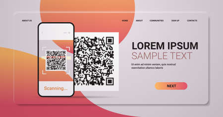 scanning QR code on smartphone screen electronic digital technology machine readable barcode verification conceptのイラスト素材