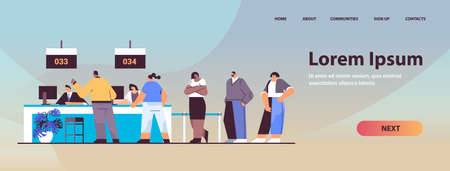 mix race people looking at display number board in waiting room with ticket system electronic queuing systemのイラスト素材