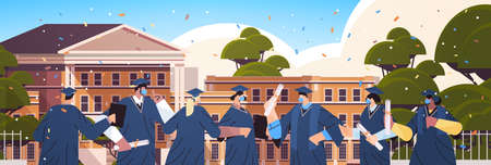 graduated students standing near university building graduates celebrating academic diploma degree educationのイラスト素材