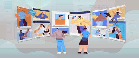 businesspeople discussing during video call business people team using virtual conference online communicationのイラスト素材