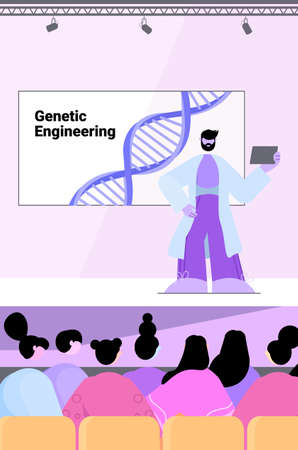 male scientist giving speech from tribune DNA testing genetic engineering medical conferenceのイラスト素材