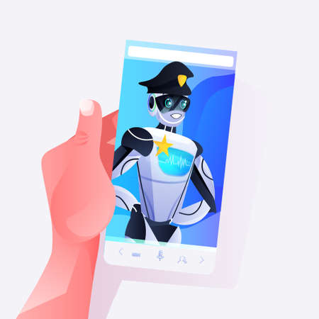 human hand using smartphone with police robot on screen patrol cop in uniform artificial...