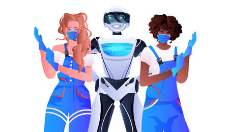 robotic janitor with women cleaners standing together cleaning service artificial intelligence technology conceptのイラスト素材