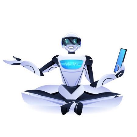 modern robot sitting lotus pose robotic character using tablet pc artificial intelligence technology conceptのイラスト素材