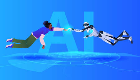 african american man and robot touching fingers making contact artificial intelligence technology conceptのイラスト素材