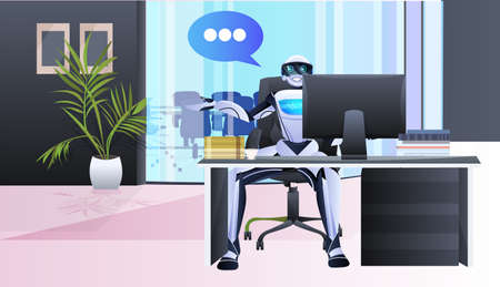 robotic businessperson sitting at workplace in office chat bubble communication artificial intelligence technologyのイラスト素材