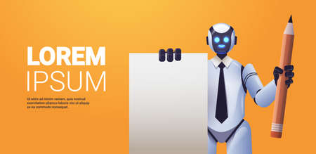 robot cyborg holding notepad and pencil robotic character artificial intelligence technology conceptのイラスト素材