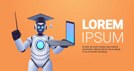 modern robot teacher in graduation cap holding laptop online education artificial intelligence conceptのイラスト素材