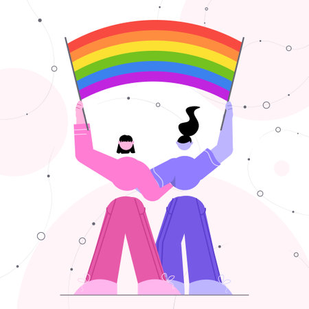 people holding lgbt rainbow flags gay lesbian love parade pride month celebration transgender love conceptのイラスト素材