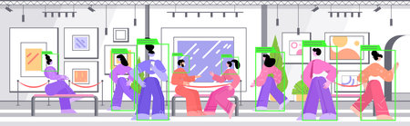 people in modern art gallery or museum security camera surveillance cctv system identification facial recognitionのイラスト素材