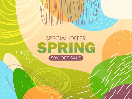 seasonal spring sale banner flyer or greeting card with decorative leaves and hand drawn texturesのイラスト素材