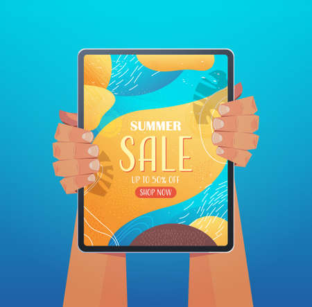 human hands using tablet pc with summer sale banner flyer or greeting card on screen verticalのイラスト素材