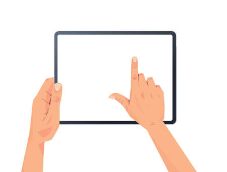 human hands holding tablet pc with blank touch screen using digital device concept isolated horizontalのイラスト素材
