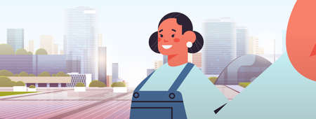 happy woman taking selfie on smartphone camera girl making self photo cityscape background