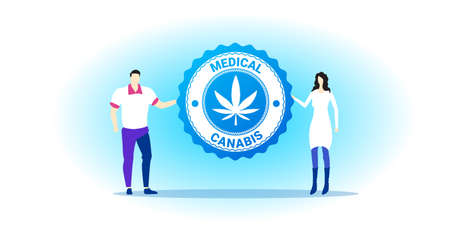 man woman couple holding medical cannabis or marijuana leaf logo hemp extract cbd ganja legalize drug consumption concept full length horizontalのイラスト素材