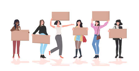 mix race activists protesting holding blank placards feminist demonstration girl power movement rights protection women empowerment concept full length horizontalのイラスト素材