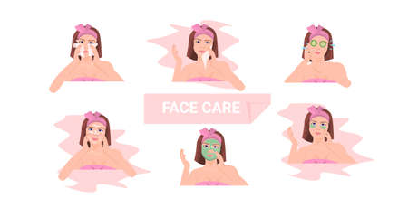 set young woman applying different face masks girl cleaning and care her face skincare spa facial treatment concept portrait horizontalのイラスト素材