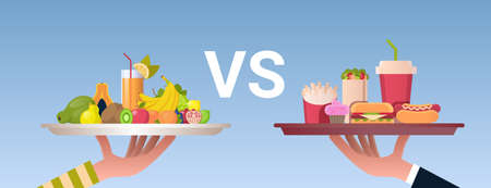 food choice diet concept human hands holding plates with healthy fresh fruits and junk unhealthy fast food horizontalのイラスト素材