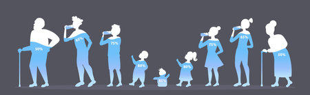 male female characters in different ages water balance in human body percentage of normal water level poster with baby child teenager adult and senior persons silhouettes horizontal full lengthのイラスト素材