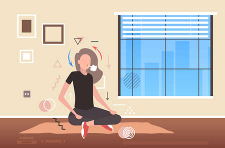 woman sitting lotus pose girl breathing oxygen and carbon dioxide transport cycle gas exchange concept living room interior horizontal full lengthのイラスト素材