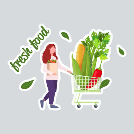 woman pushing trolley cart with different vegetables healthy lifestyle vegan fresh food concept full lengthのイラスト素材