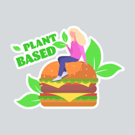 woman sitting on plant based meat hamburger healthy lifestyle vegan food concept full lengthのイラスト素材