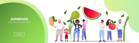 mix race people holding different vegetables and fruits healthy lifestyle vegan fresh superfood concept full length horizontal copy spaceのイラスト素材