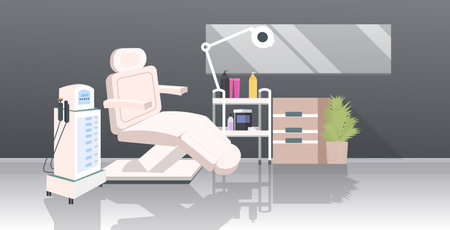 beautician cabinet with laser epilation machine and armchair medical hair removal equipment instruments for cosmetology modern beauty salon interior horizontalのイラスト素材