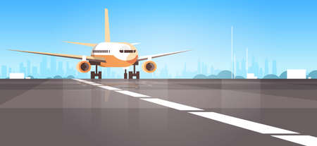 airport terminal with aircraft flying plane taking off cityscape backgroundのイラスト素材