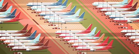 airport terminal with parked airplanes at taxiway coronavirus pandemic quarantine covid-19 conceptのイラスト素材