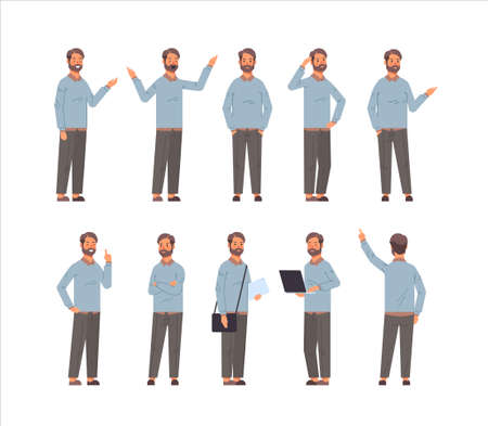 set businessman in different poses gesture emotions and body language conceptのイラスト素材