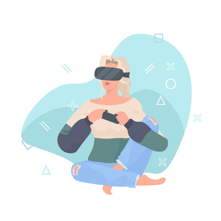 woman wearing vr glasses using joystick girl playing video games using virtual reality gogglesのイラスト素材