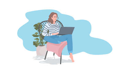 woman freelancer sitting on chair using laptop during pandemic quarantine conceptのイラスト素材