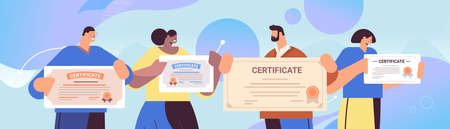 graduated businesspeople holding certificates graduates celebrating academic diploma degree corporate educationのイラスト素材