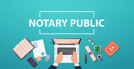 notary hands working on laptop signing and legalization documents lawyer office workplace desk top angle viewのイラスト素材