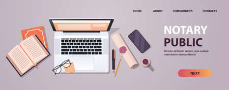 notary workplace with legacy stamp sealed document legal trust and public pen near laptop signing and legalization documentsのイラスト素材