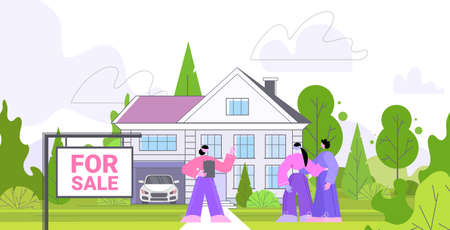 realtor showing beautiful country house to customers real estate agency mortgage loan offer horizontalのイラスト素材