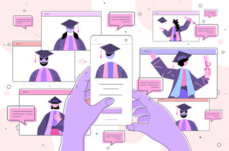 graduated students discussing during video call graduates celebrating academic diploma degree education universityのイラスト素材